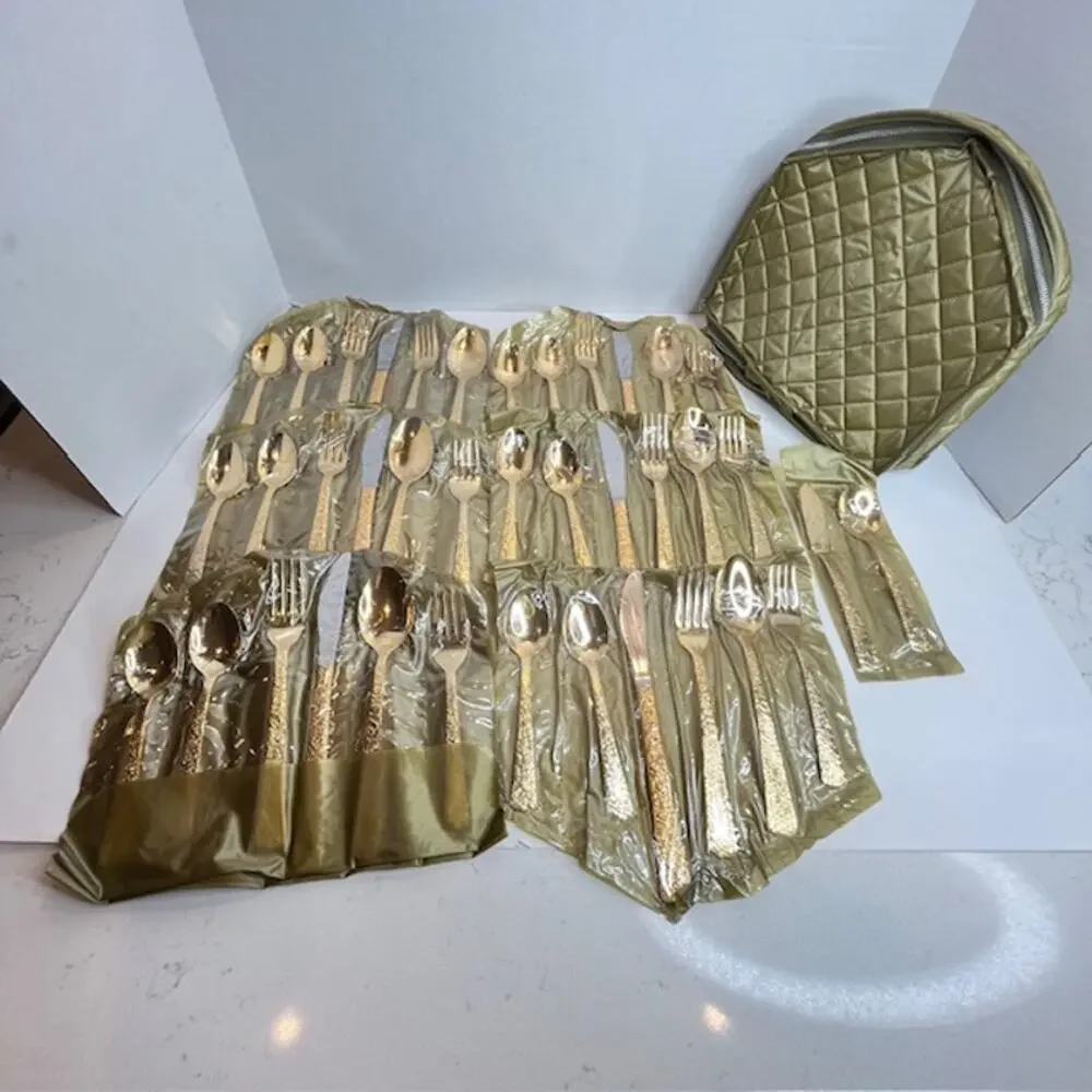 Vintage 1968 Cellini Romanesque Roses Gold Flatware Set 44Pc Japan w/ Case